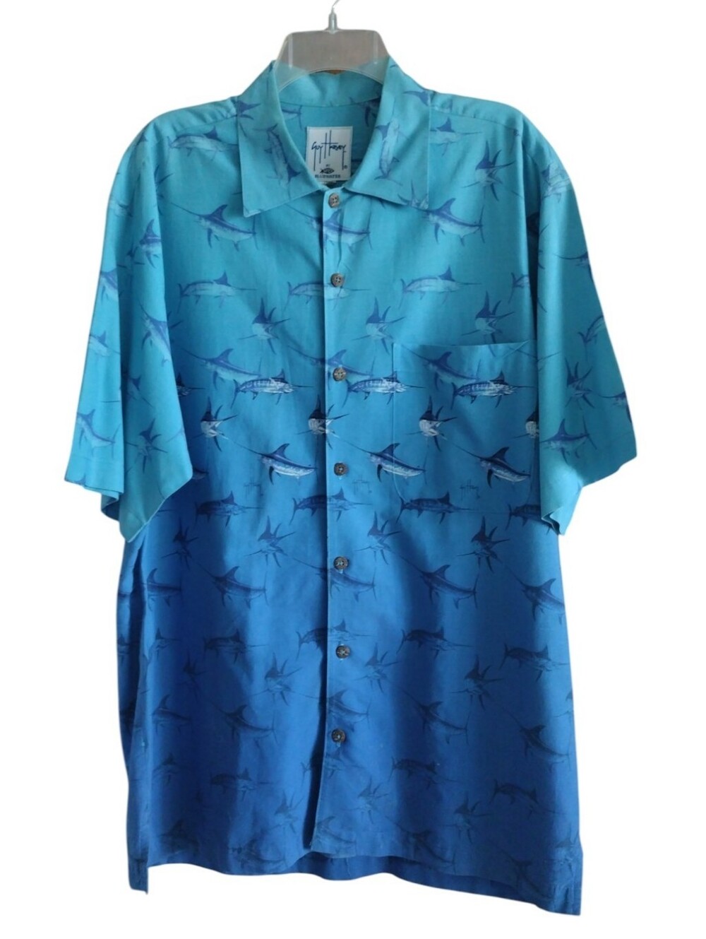 Guy Harvey Fishing Shirt By AFTCO Bluewater Turquoise Blue Button Down Large